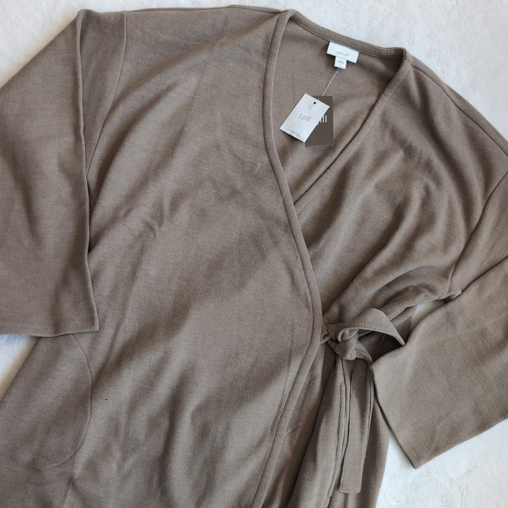 J. Jill Pure Jill Wrap Cardigan Women L Soft Mocha Ribbed Tie Front Sweater NEW
